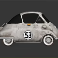 Vintage Small Car With Rusty Exterior Number 53 Emblem White Rims And Roof Rack