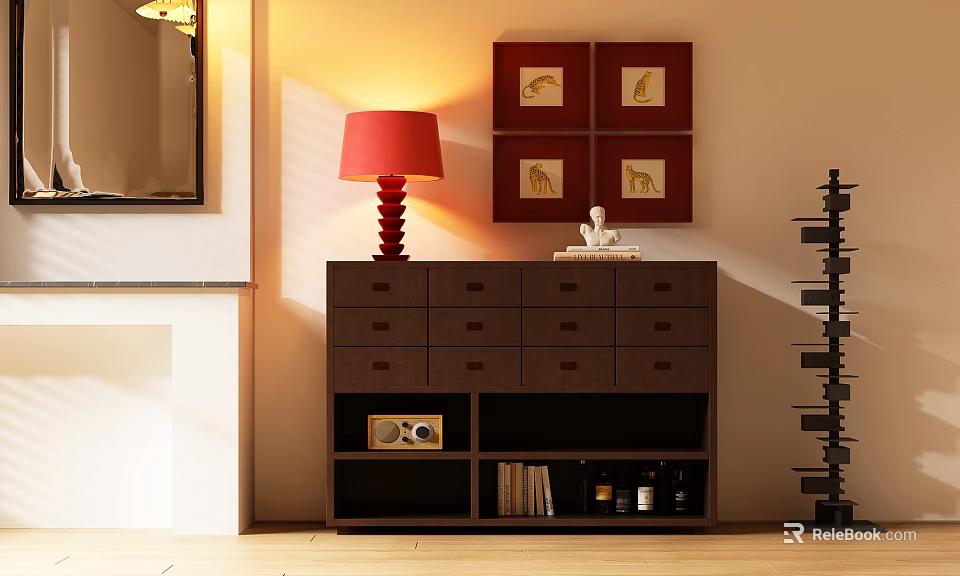 Stylish Entryway Side Cabinet with Drawers Open Shelves Red Lamp and Decorative Accents 3d model 