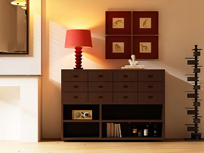 Stylish Entryway Side Cabinet with Drawers Open Shelves Red Lamp and Decorative Accents 3d model