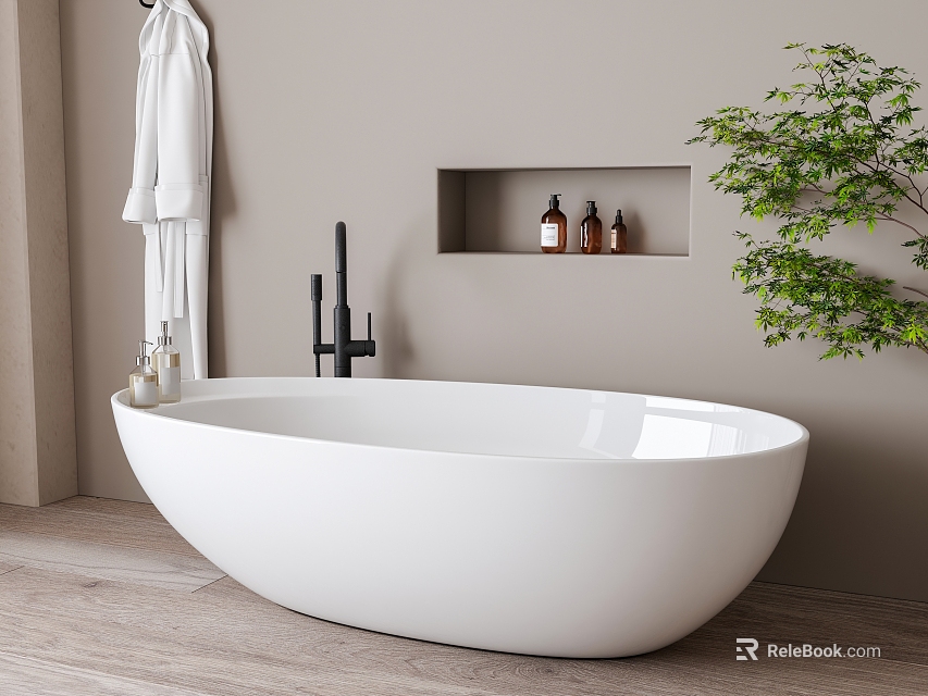Modern Bathroom With White Oval Bathtub Black Fixtures And Plant 3d model 