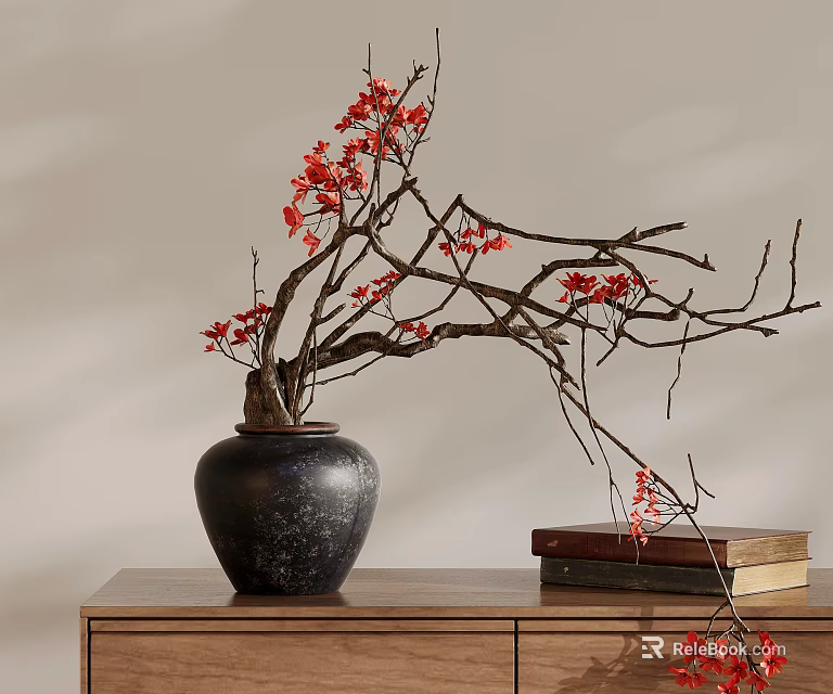 Decorative Red Flower Branches In Black Vase On Wooden Cabinet With Books 3d model 
