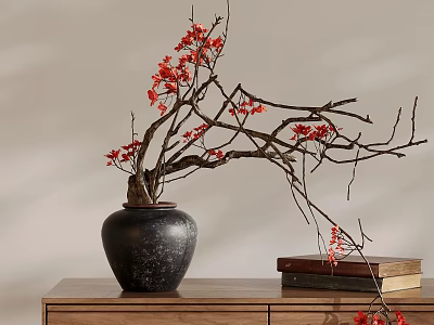 Decorative Red Flower Branches In Black Vase On Wooden Cabinet With Books 3d model