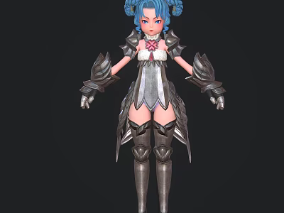 Blue Haired Game And Movie Character With Twin Pigtails Armor Dress And Metal Boots 3d model