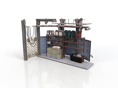 Industrial Workspace Equipment With Metal Structure Shelves Green Canisters Yellow Container And Bins 3d model