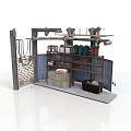 Industrial Workspace Equipment With Metal Structure Shelves Green Canisters Yellow Container And Bins