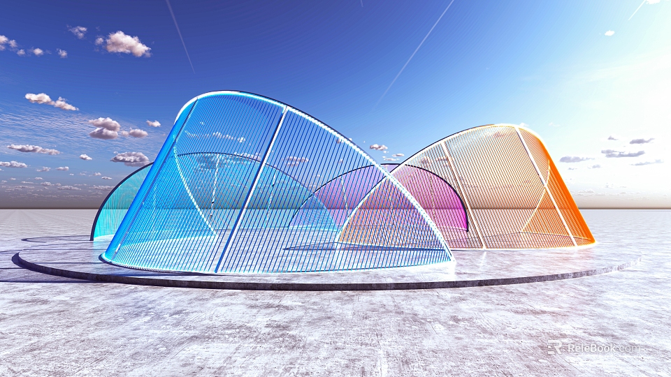 Colorful Translucent Dome Garden Ornaments With Blue Pink Orange Hues Under Clear Sky 3d model 