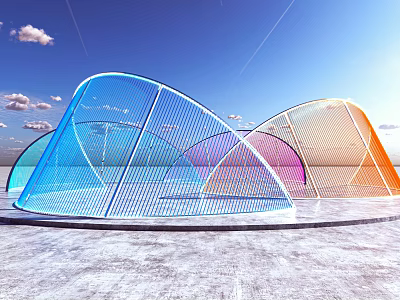 Colorful Translucent Dome Garden Ornaments With Blue Pink Orange Hues Under Clear Sky 3d model