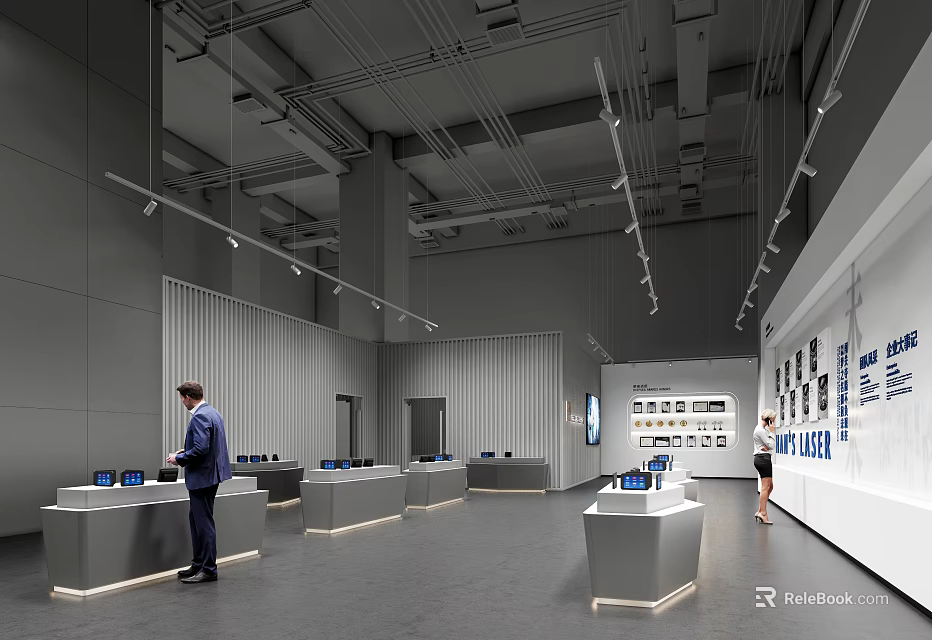 Modern Exhibition Hall Featuring Gray Walls Track Lights Display Counters And People Viewing Exhibits 3d model 