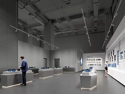 Modern Exhibition Hall Featuring Gray Walls Track Lights Display Counters And People Viewing Exhibits 3d model