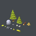 Natural Outdoor Elements With Pine Trees Rock Logs Hay Small Stones And Grass