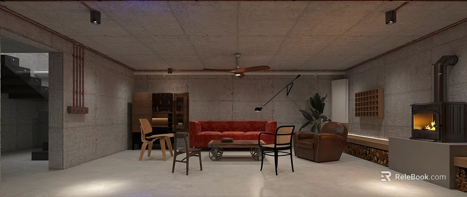 Industrial Style Wine Cellar Room With Sofas Chairs And Fan 3d model 