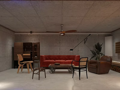 Industrial Style Wine Cellar Room With Sofas Chairs And Fan 3d model