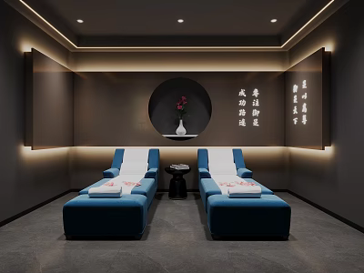 Luxurious SPA Area With Blue Loungers Ambient Lighting And Calligraphy 3d model