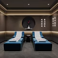 Luxurious SPA Area With Blue Loungers Ambient Lighting And Calligraphy