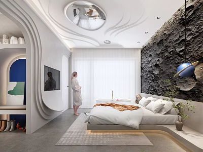 Modern Hotel Guest Room With Unique Ceiling Rock Texture Wall Planet Decoration And Large Bed 3d model