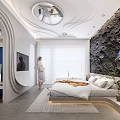 Modern Hotel Guest Room With Unique Ceiling Rock Texture Wall Planet Decoration And Large Bed