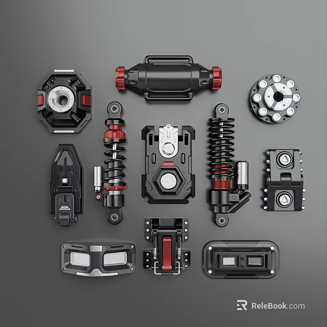 Black Red Mechanical Components Collection Featuring Various Gear Spring And Housing Parts 3d model 