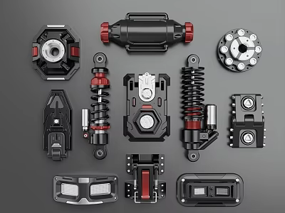 Black Red Mechanical Components Collection Featuring Various Gear Spring And Housing Parts 3d model