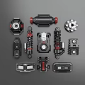 Black Red Mechanical Components Collection Featuring Various Gear Spring And Housing Parts