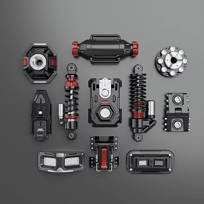 Black Red Mechanical Components Collection Featuring Various Gear Spring And Housing Parts 3d model
