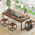 Chinese Zen Tea Table and Chairs with Tea Set Hanging Lamps and Mountain View Window