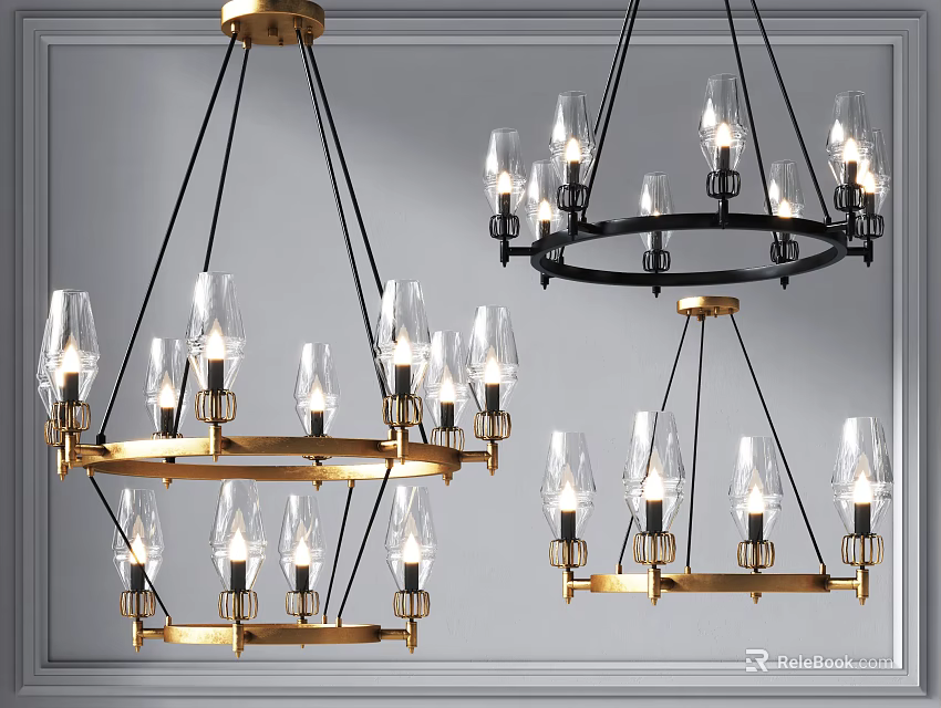 Modern Chandeliers With Gold Frame Black Wires And Clear Glass Shades For Interior Decor 3d model 