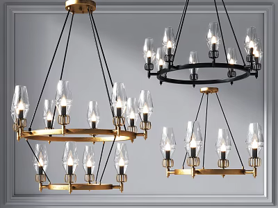 Modern Chandeliers With Gold Frame Black Wires And Clear Glass Shades For Interior Decor 3d model