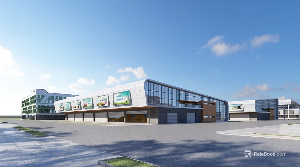 Modern Industrial Factory Building With Large Glass Windows Steel Structure And Advertising Billboards 3d model 