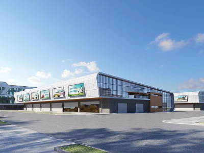 Modern Industrial Factory Building With Large Glass Windows Steel Structure And Advertising Billboards 3d model