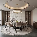 Private Dining Room Interior With Round Dining Table Upholstered Chairs Circular Chandelier And Patterned Rug 3d model