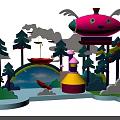 Pink Winged Airship Flying Over Colorful Fairy Tale Scene With Trees Rainbow Cottage And Clouds