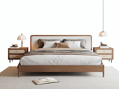 Modern Wooden Double Bed With Nightstands Table Lamps Pillows And Open Book On Floor 3d model