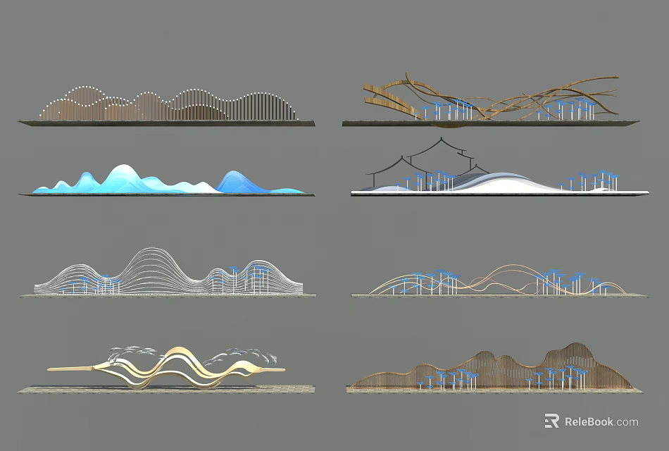 Diverse Wave And Mountain Shaped Decorative Structures With Curved Lines And Hues 3d model 