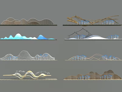 Diverse Wave And Mountain Shaped Decorative Structures With Curved Lines And Hues 3d model