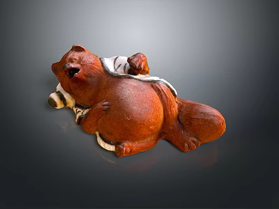 Brown Bear Sculpture in Lying Posture with Cloth Decoration and Wooden Texture 3d model