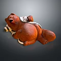 Brown Bear Sculpture in Lying Posture with Cloth Decoration and Wooden Texture