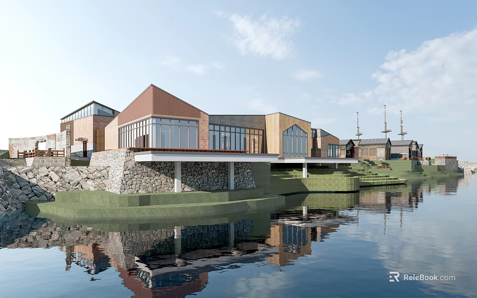 Modern Waterfront Buildings Featuring Red Brick Wooden Structures Glass Windows Green Lawn And Water Reflection 3d model 