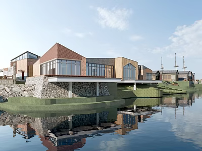 Modern Waterfront Buildings Featuring Red Brick Wooden Structures Glass Windows Green Lawn And Water Reflection 3d model