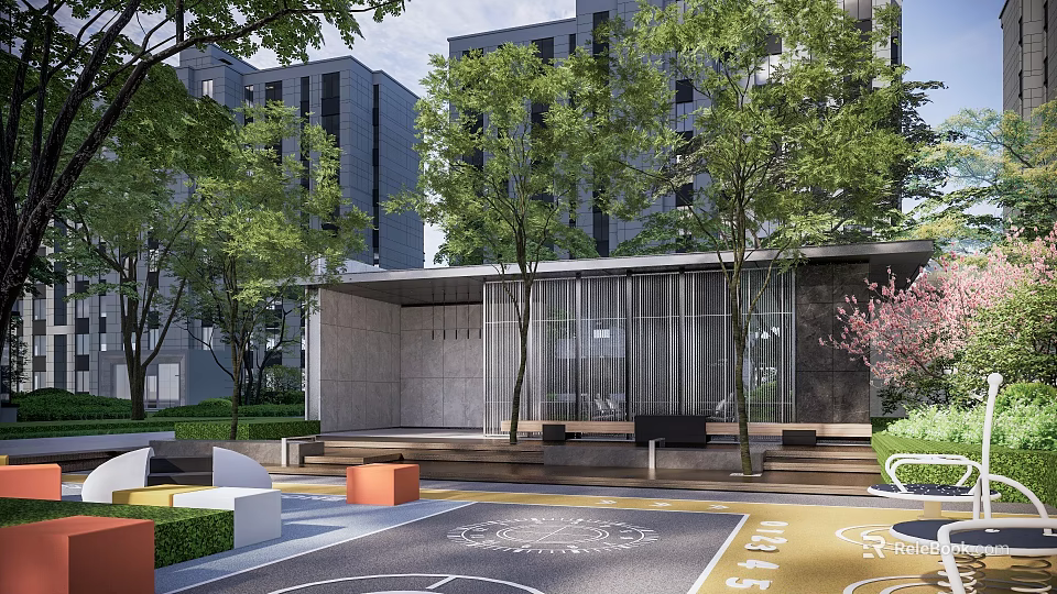 Modern Residential Landscape With Green Trees Recreational Benches Colorful Seats And Sports Court 3d model 