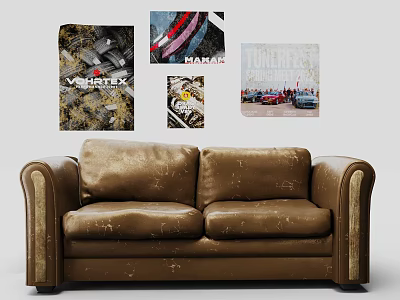 Vintage Brown Leather Sofa In Living Room With Colorful Wall Art Paintings 3d model