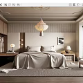 Modern Cozy Bedroom Interior With Wooden Wardrobe Pendant Light Bed Nightstand And Decorative Painting