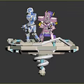 Robot Sculptures With Blue Pink Details Holding Weapons On Hexagonal Display Stand