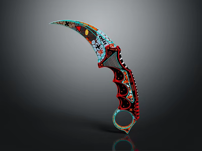 Unique Colorful Graffiti Karambit Knife Featuring Curved Blade And Ring Handle 3d model