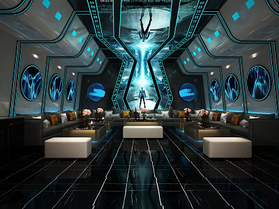 High Tech KTV Interior Design With Blue Lighting Circular Decorations And Sofa Seating 3d model