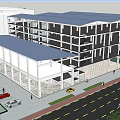 Modern Building Exterior Design With Glass Curtain Wall Front Lawn And Parked Cars