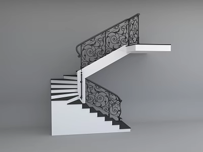 Modern Staircase With White Steps And Black Wrought Iron Railings With Curved Patterns 3d model