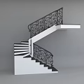 Modern Staircase With White Steps And Black Wrought Iron Railings With Curved Patterns