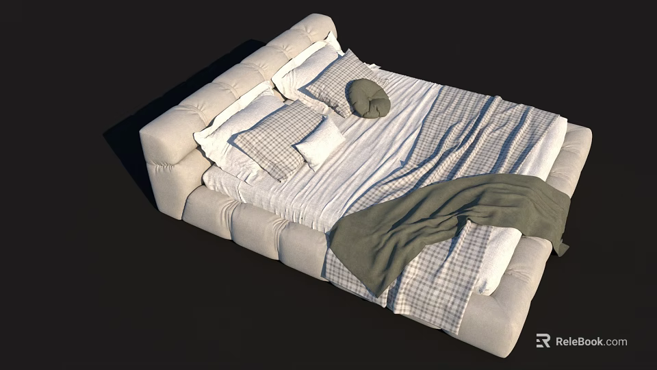 Modern Double Bed With Padded Headboard Plaid Pillows And Green Blanket 3d model