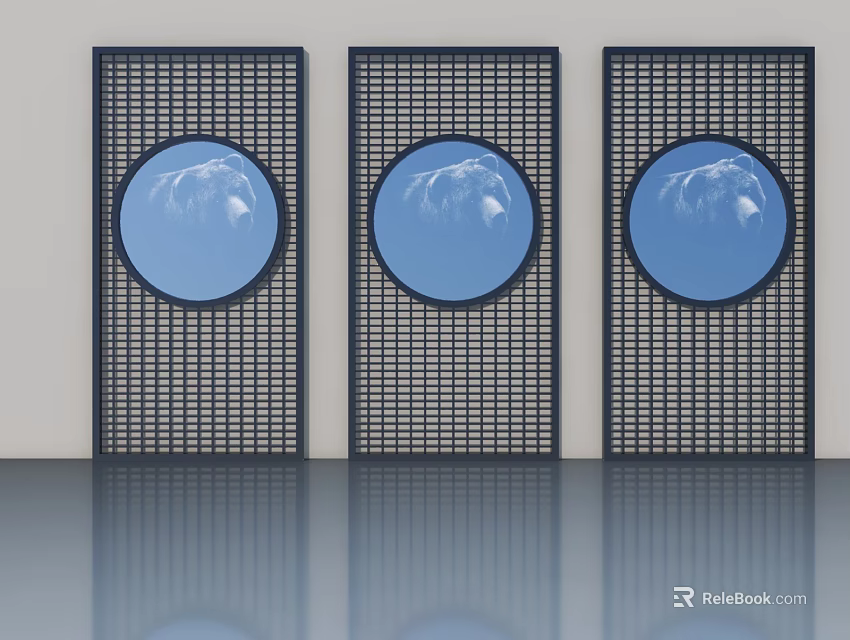 Three Modern Hinged Doors With Circular Glass Panels And Dark Grid Design 3d model 