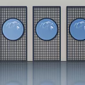 Three Modern Hinged Doors With Circular Glass Panels And Dark Grid Design 3d model